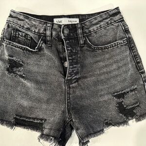 YMI Black Denim Shorts Button Front Distressed Frayed Hem -‎ Size 25.